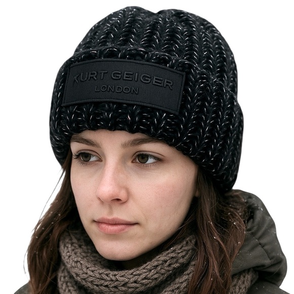 Kurt Geiger London Multi Color Metallic Knit Cuffed Logo Patch Beanie Brand New! - Picture 1 of 7